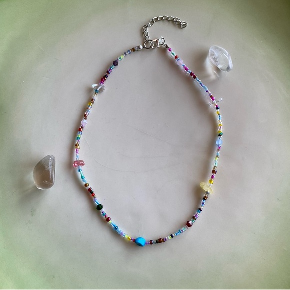 Bam! Multicolour Seed Bead Beaded Necklace Glass Stone Crystal Chips Minimalist - Picture 3 of 6